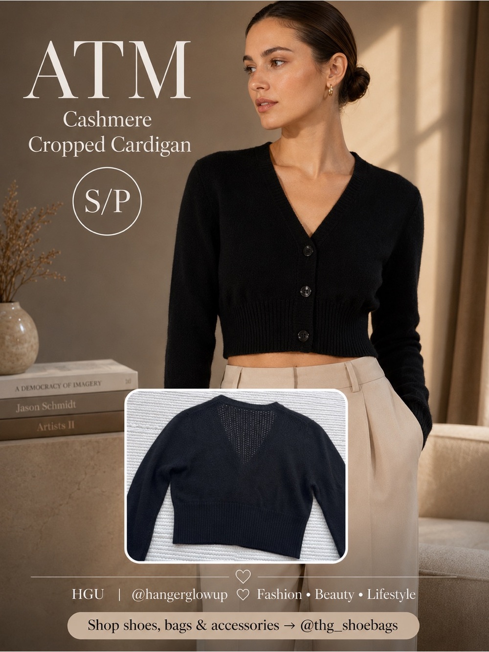 $325–$395 ATM Anthony Thomas Melillo Black Cashmere V-Neck Cropped Cardigan